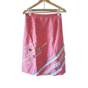 INDIGO MOON Pink Print Skirt Ribbon Floral Applique Boho Festival Fairycore M